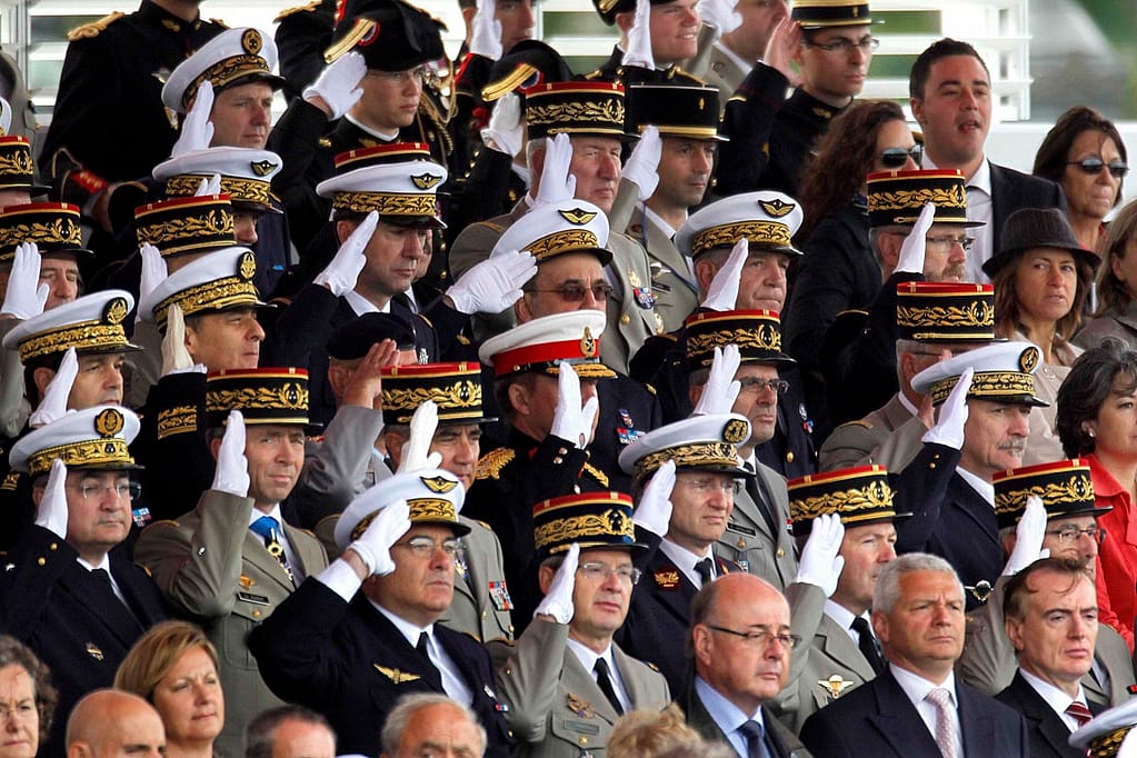 High ranking officers of French army salute during the traditional Bastille Day military parade in Paris