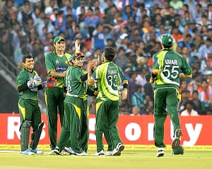 Pakistani cricketers celebrating after the dismissal of a Indian player during the India-Pakistan 2nd Twenty20 International cricket match at Sardar Patel Stadium, Motera, Ahmedabad. (Photo: IANS)